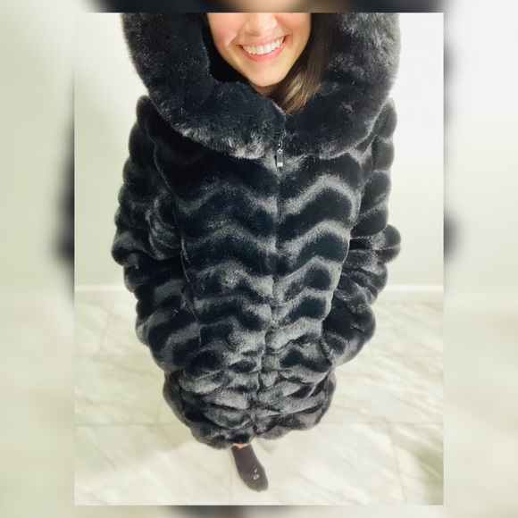 Miss Gallery Hooded Faux Fur Long Black 